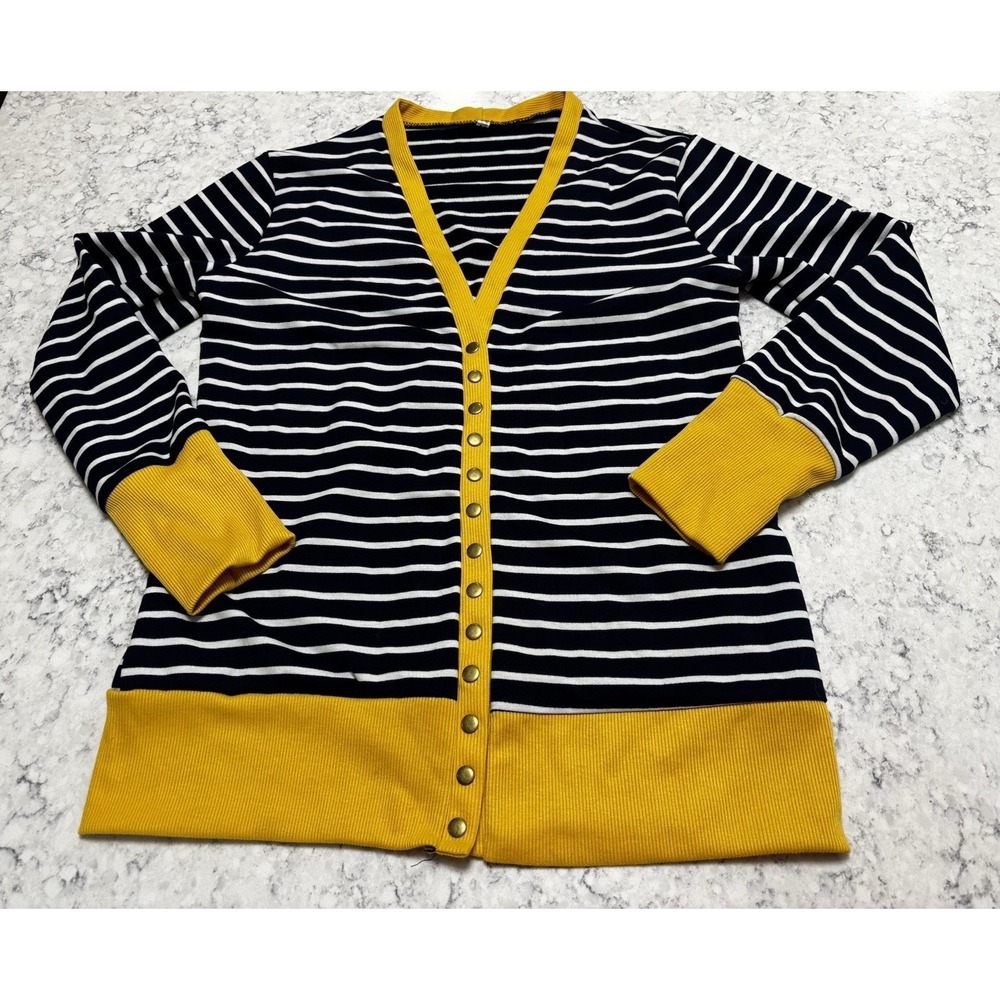 Women's Boutique Striped Cardigan Large Navy White Mustard Snap Trim Knit Top